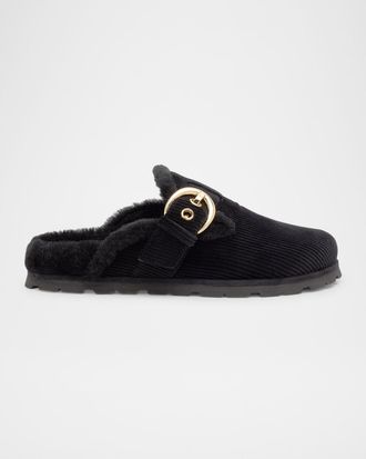 Stuart Weitzman Chrystie Shearling-Lined Corduroy Mules