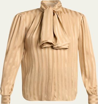 Saint Laurent Lavalliere Striped Silk Long-Sleeve Blouse