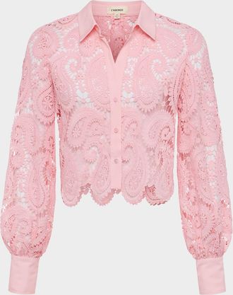 L'agence Odelia Paisley Lace Cropped Button-Front Blouse