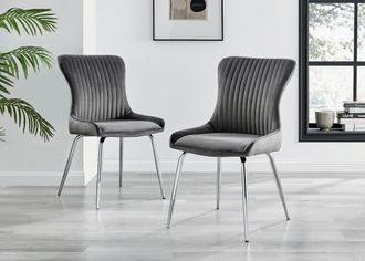 Furniturebox Set of 2 Nora Deep Padded Luxurious Dining Chairs Upholstered In Soft Velvet With Chrome Legs in Dark Grey