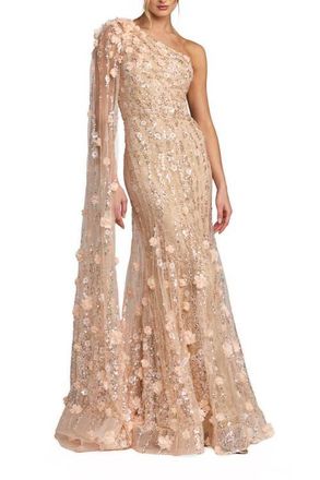 Mac Duggal Floral Mesh One Shoulder Trumpet Gown With Float in Porcelain at Nordstrom, Size 14
