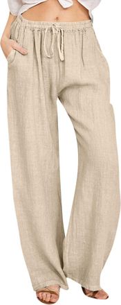 Generic Womens Summer Cotton Linen Pants Drawstring Elastic Waist Cropped Trousers for Women UK Solid Color Plus Size Wide Leg Trousers Lightweight Loose Fit 