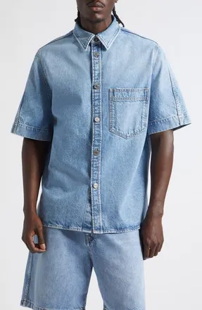 Givenchy Couture Seam Short Sleeve Denim Button-Up Shirt in Light Blue at Nordstrom, Size Xx-Large