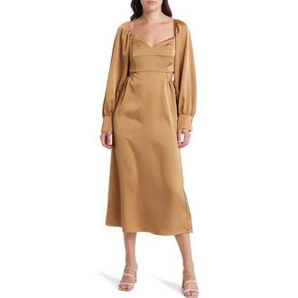 Moon River Cutout Long Sleeve Satin Midi Dress in Bronze at Nordstrom Rack, Size Medium