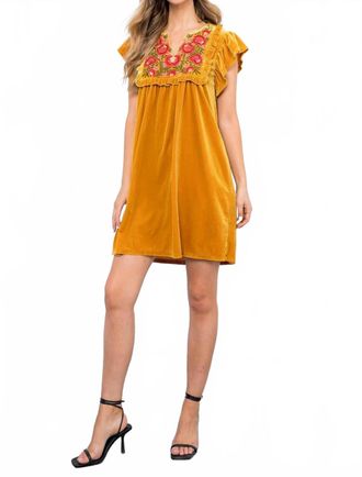 THML Clothing Fall Feels Velvet Embroidered Dress In Gold