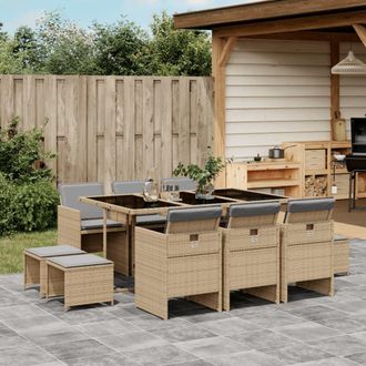 vidaXL Set Comedor De Jard&iacute;n 11 Pzas Con Cojines Rat&aacute;n Sint&eacute;tico Beige Vidaxl