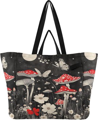 Generic Butterfly Red Flowers Black print Reusable Canvas Tote Bag, Heavy Duty Grocery Shopping Bag with Large Capacity Hard Bottom Double Handles Work Grocer