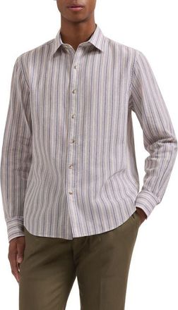 Bugatchi Julian Shaped Fit Stripe Cotton & Linen Button-Up Shirt in Camel at Nordstrom, Size Xxx-Large
