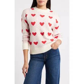 Caslon Jacquard Heart Crewneck Sweater in Ivory Pristine- Red Heart at Nordstrom Rack, Size X-Small