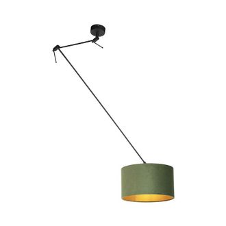 QAZQA Qazqa - Pendant Light Black with Velvet Shade Green with Gold 35 cm - Blitz