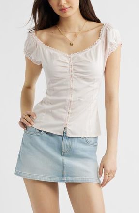 BP. Lace Trim Stretch Cotton Button-Up Top in Pink Heaven at Nordstrom, Size Xx-Small