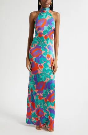 Ramy Brook Dahlia Tatiana Halter Neck Gown in Coral Floral at Nordstrom, Size 14