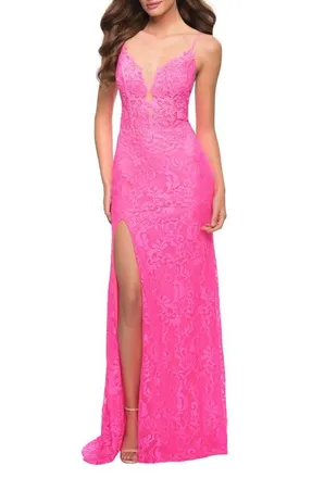 La Femme Stretch Lace Prom Dress in Neon Pink at Nordstrom, Size 14