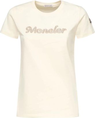 Moncler Logo Geborduurd T-Shirt - Dames - T-shirts - Wit - XS - Katoen - Tops