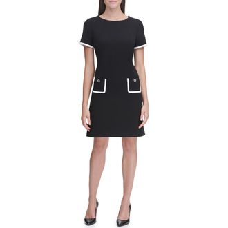 Tommy Hilfiger Short Sleeve Scuba Crepe Contrast Trim Dress in Black.ivory at Nordstrom Rack, Size 10