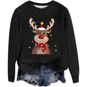 Generic Christmas Jumpers for Women Fashion 3D Print Womens Knitted Jumpers Long Sleeves Ladies Xmas Sweaters Winter Warm Fleece Pullover Sweaters Soft Comfor