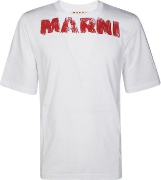 Marni Distressed Red Graphic T-Shirt With Classic Crew Neckline
