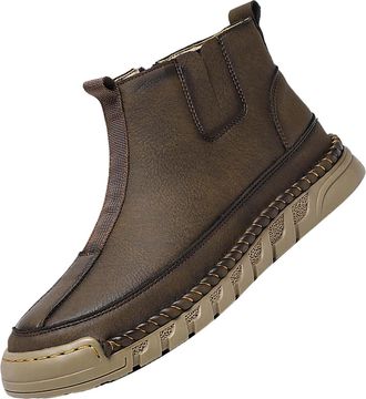 Generic Mens Leather Slip On Boots, Fur Lined Casual Leather Boot High Top Warm Walking Shoes Lightweight Hand Stiching Shoe Soft Bottom Comfy Ankle Footwear 