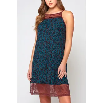 iCollection Zebra Print Halter Neck Chemise in Teal-Burgundy at Nordstrom, Size Medium