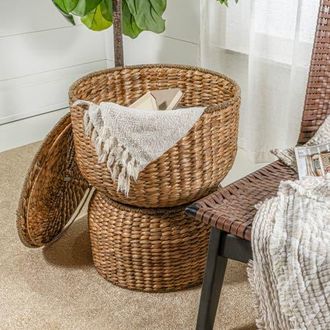Happimess Bhola Hourglass Handwoven Hyacinth Storage Accent Table with Lid in Natural at Nordstrom