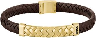 BOSS Herringbone-design cuff in brown leather