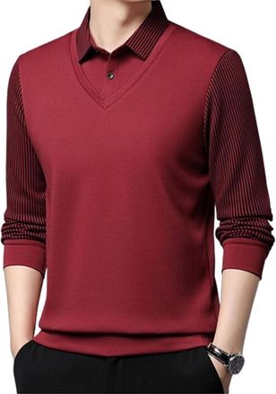 Generic Mens Faux Two Piece Lapel Long-Sleeve Top, Mens Striped Lapel Fake Two-Piece Shirt Long Sleeve, Fake 2-Pieces Knitted Shirt (Red,XL)