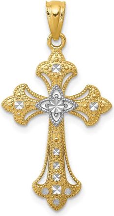 Diamond2Deal 14k Yellow Gold and White Rhodium Diamond-Cut Fleur de Lis Cross Pendant