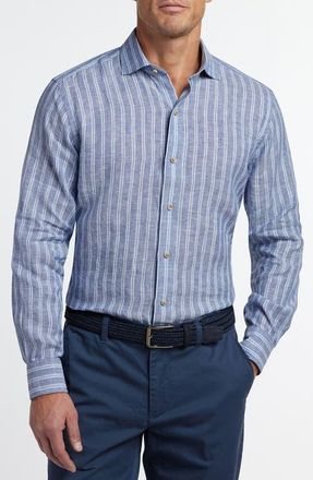 David Donahue Stripe Slub Linen Button-Up Shirt in Navy/Sky at Nordstrom, Size Xx-Large