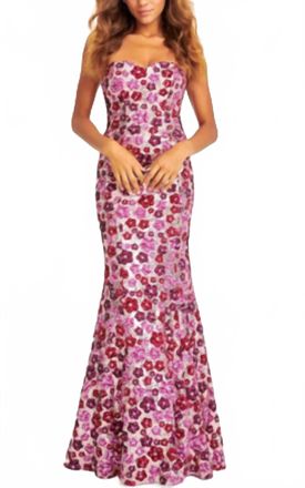 Faviana Strapless Sequin Mermaid Dress With Colorful Floral Design In Pink