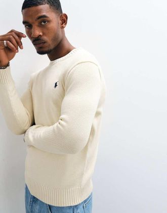 Polo Ralph Lauren maglione in maglia di cotone pesante con logo icon in crema-Bianco