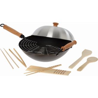 Joyce Chen Carbon Steel Ceramic Nonstick Flat Bottom Wok Set with Lid and Maple Handles, 10 Pieces in Black at Nordstrom