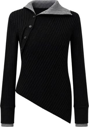 EGONlab. Asymmetrische trui met knoopdetails en coltrui - Heren - Ronde hals truien - Zwart - L - Wol - Truien & Vesten