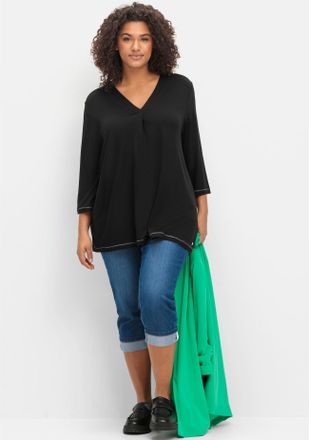 Sheego 3/4-Arm-Shirt SHEEGO 3/4-Arm-Shirt, Damen, Gr. 40/42, schwarz, 63% Lyocell TENCEL, 31% Bambus, 6% Elasthan, unifarben, V-Ausschnitt, Shirts 3/4-Arm-Sh