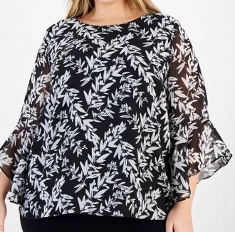 Kasper Printed Crewneck Ruffle Sleeve Blouse - Plus In Black/vanilla
