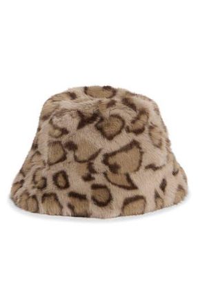 La Fiorentina Faux Fur Animal Print Bucket Hat in Ivory at Nordstrom Rack