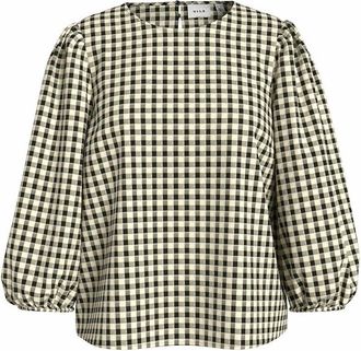 Vila Geruite blouse met lange mouwen en ronde hals