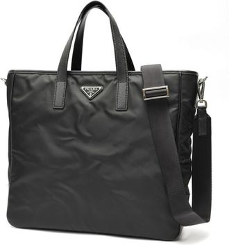 Prada Black Nylon Leather Shoulder Bag Tote Bag (Pre-Owned)