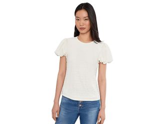 CeCe by Cynthia Steffe Textured Knit Bubble Sleeve Top Womens Clothing New Ivory : XL, Polyester/Spandex