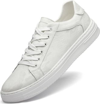 Generic Mens Genuine Leather Fashion Sneakers Simple Low Top Round-Toe Lace Up Slip On Casual Shoes Comfortable Classic Tennis Shoes for Men (White,8.5)