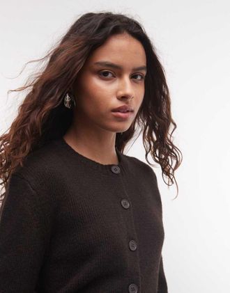 Monki cardigan lavorato a maglia a coste spesse con polsini a coste, marrone cioccolato