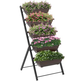 OUTSUNNY Soporte Para Plantas De 5 Niveles Con 5 Macetas, Estanter&iacute;a Para Plantas, Orificios De Drenaje, Interior Y Exterior, 55x63x120cm, Negro