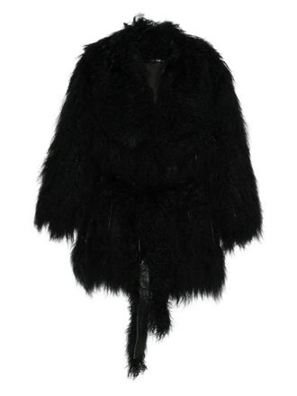 Numerootto belted single-breasted coat - women - Silk/Mongolian Fur - M - Black