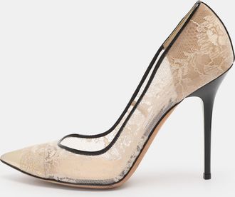 Jimmy Choo London Beige/gold Patent Leather And Pvc Lace Pumps