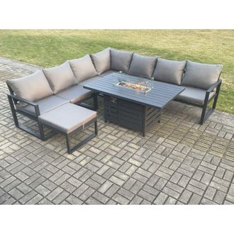 Fimous Aluminium 7 Pieces Garden Furniture Corner Sofa Set with Cushions Gas Fire Pit Dining Table Set Gas Heater Burner with Big Footstool Dark Grey