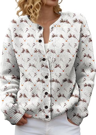Generic Christmas Reindeer Knit Print Cardigans for Women, Xmas Novelty Loose Fit Sweaters Button Up Open Front Long Sleeve Jackets Holidays Cosy Tops Chunky 