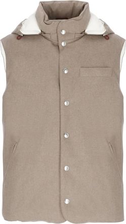 Brunello Cucinelli Bruine gewatteerde bodywarmer met capuchon - Heren - Bodywarmers - Bruin - L - Wol - Jassen