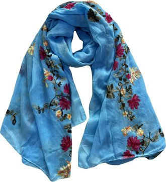 Lina & Lily Embroidered Floral Tassel Scarf Shawl Lightweight (Sky Blue)
