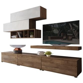 Dmora Parete Attrezzata Mammola, Mobile Soggiorno Modulabile, Apertura Battente, a Ribalta, 5 Ante, Marrone Noce