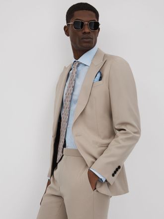 Reiss Mens Dillon Stone Slim Fit Wool Blend Single Breasted Blazer, 38, Light Beige