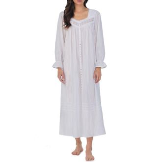 Eileen West Long Sleeve Cotton Dobby Nightgown in White at Nordstrom, Size X-Large